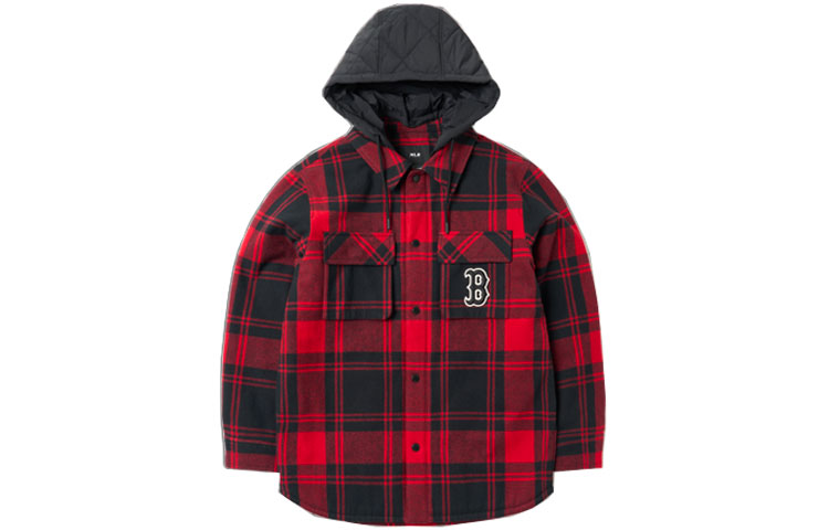 MLB Basic Logo Quilted Plaid Hooded Jacket Red Unisex 3APDP0116-43RDD