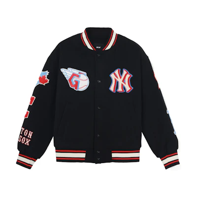 MLB Basic Series FW22 Black Baseball Jacket Logo Print Stripe Unisex Couple Style. 3AJPN0124-00BKS
