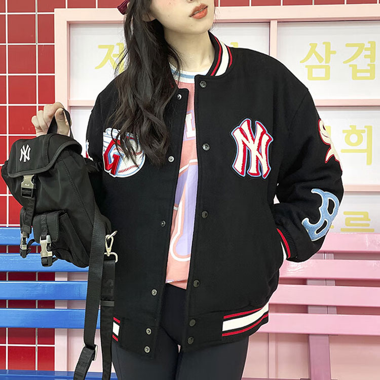 Purchase Chaqueta de Béisbol Negra MLB Serie Básica FW22 Unisex Logo Rayas Estilo Pareja. 3AJPN0124-00BKS