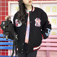Purchase MLB 基本系列FW22黑色棒球外套 標誌條紋情侶款 男女通用款式 3AJPN0124-00BKS