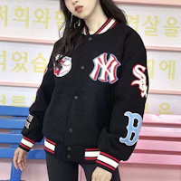 Sizing MLB 基本系列FW22黑色棒球外套 標誌條紋情侶款 男女通用款式 3AJPN0124-00BKS