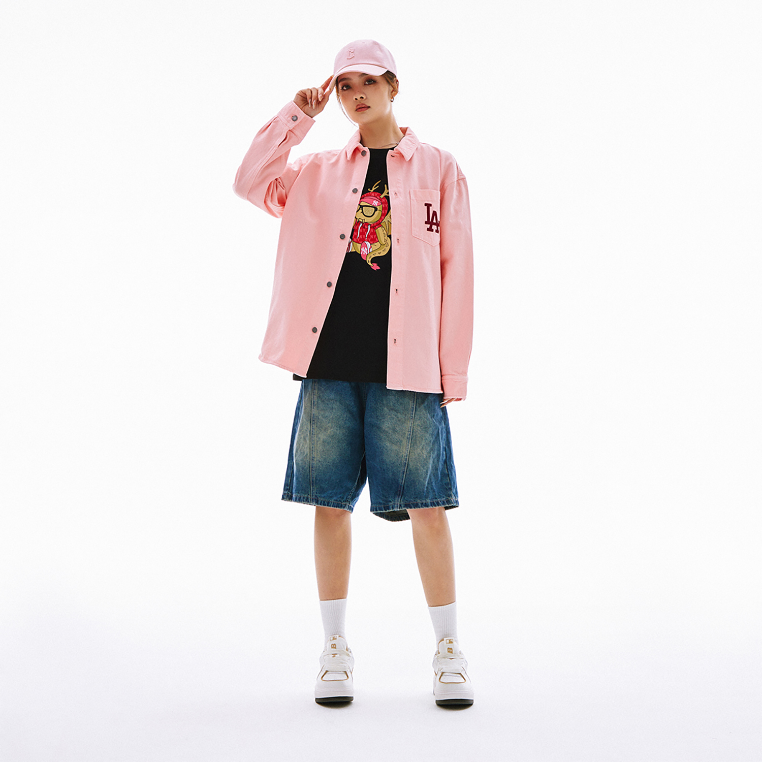 Sizing MLB 大 LOGO 粉色牛仔外套 休閒男女款 3ADRV0141-07PCS