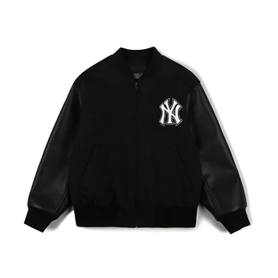 MLB Black Patchwork Crewneck Pullover Baseball Jacket Unisex Couple Style. 31JPU9111-50L