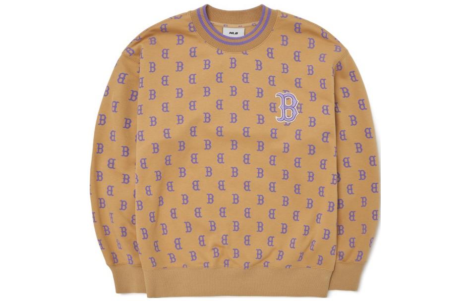 MLB Boston Red Sox All-Over NY Print Pullover Sweatshirt Beige Unisex Couples Style 3AMTM0926-43BGS