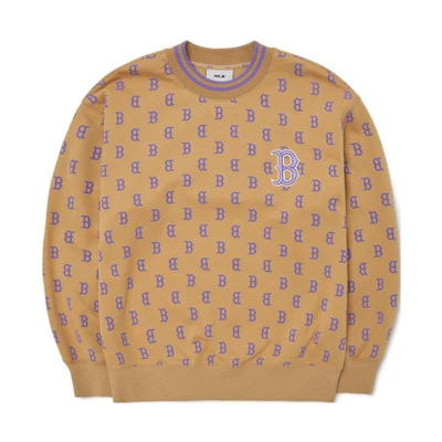 MLB Boston Red Sox All-Over NY Print Pullover Sweatshirt Beige Unisex Couples Style 3AMTM0926-43BGS
