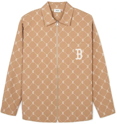 MLB 波士頓紅襪鑽石花卉刺繡復古拉鍊外套 米色 男女通用 3AWSM0441-43CAL Order MLB 波士頓紅襪鑽石花卉刺繡復古拉鍊外套 米色 男女通用 3AWSM0441-43CAL