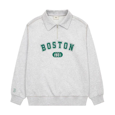 MLB Boston Red Sox FW24 Kids Polo Zip Pullover Sweatshirt Unisex Light Grey 7AMTBV131-43MGL