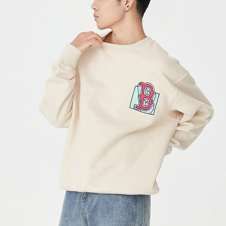 Sizing MLB波士頓紅襪圖案印花米色中性長袖圓領衛衣 3AMTL0426-43BGL