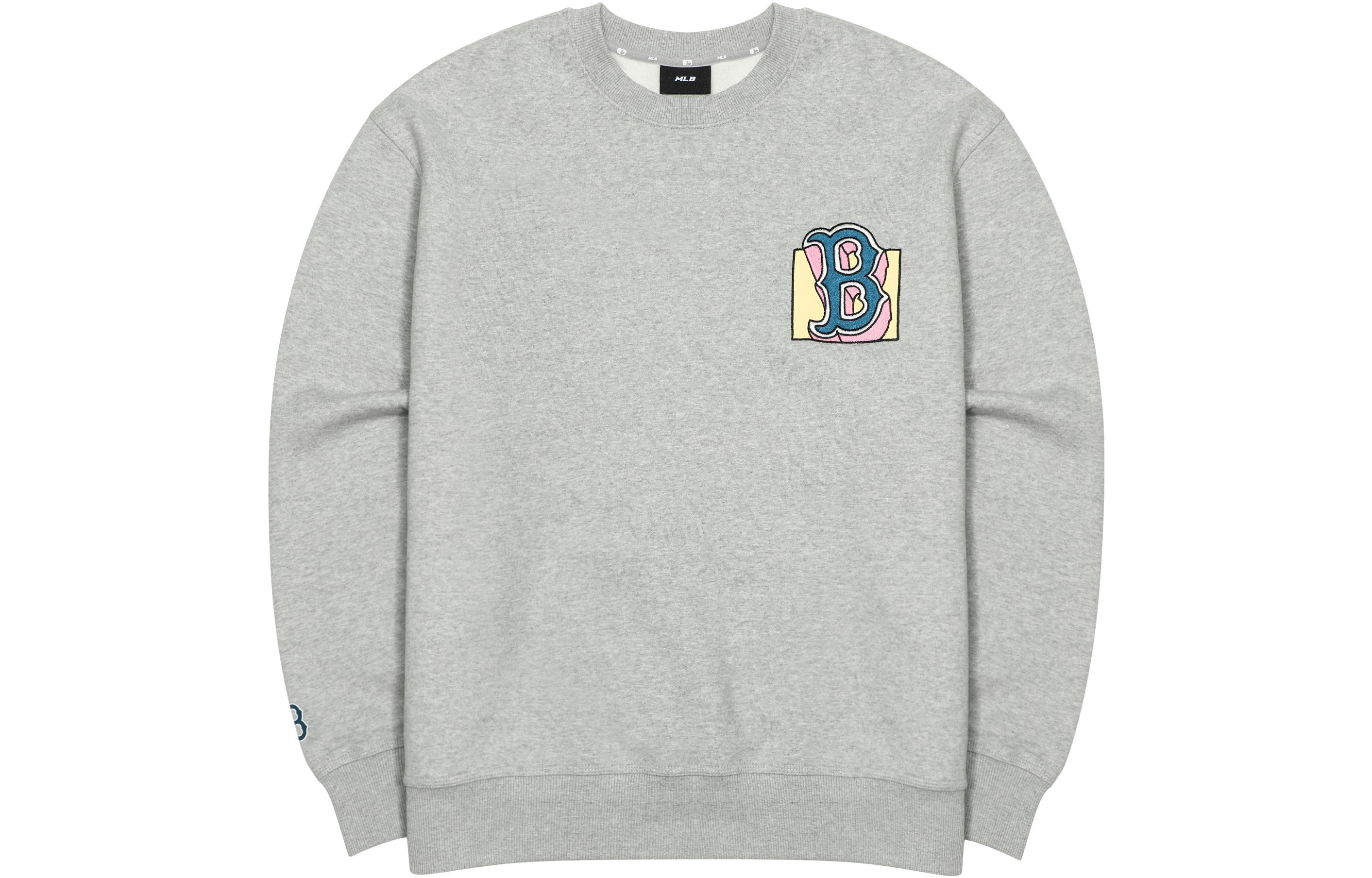 Lookbook MLB波士頓紅襪圖案印花灰色長袖圓領男女款休閒衫 3AMTL0426-43MGS