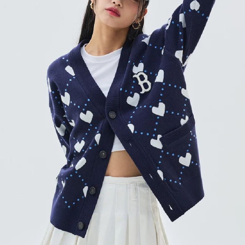 Purchase MLB波士頓紅襪心形V領寬鬆針織毛衣 男女款 - 藍色 3AKCH0134-43NYD