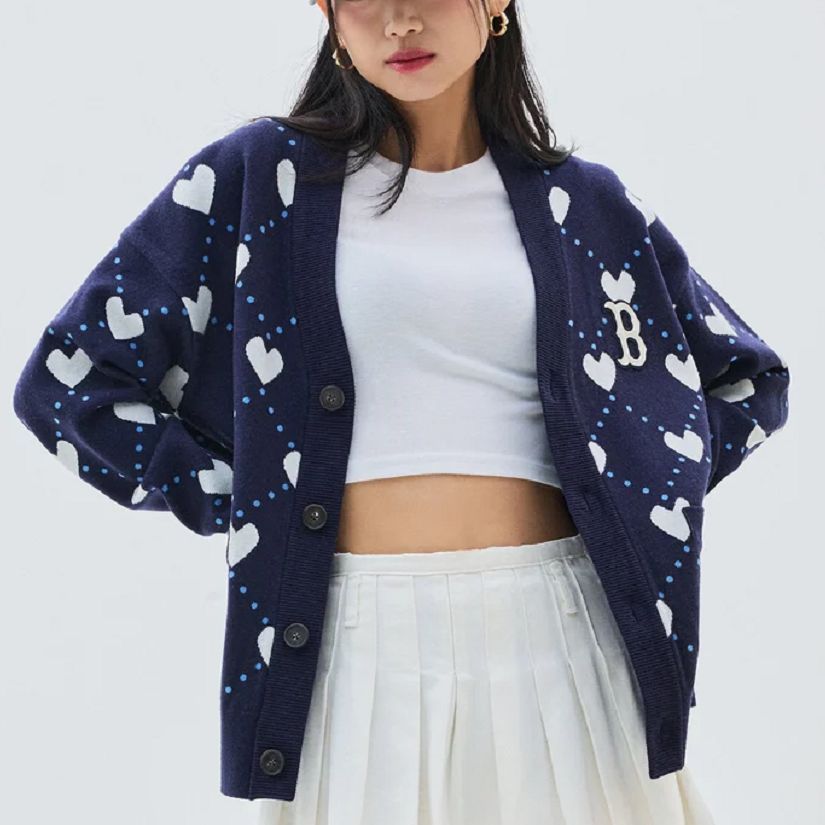 Details for MLB波士頓紅襪心形V領寬鬆針織毛衣 男女款 - 藍色 3AKCH0134-43NYD