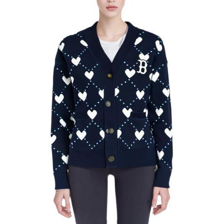 Sizing MLB波士頓紅襪心形V領寬鬆針織毛衣 男女款 - 藍色 3AKCH0134-43NYD