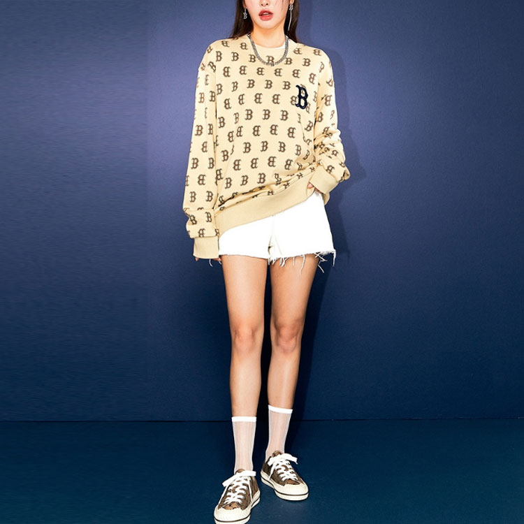 MLB Boston Red Sox Letter Print Pullover Retro Beige Sweatshirt Unisex 3AMTM0614-43BGS 圖 4