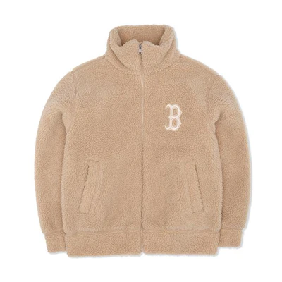 MLB Boston Red Sox Solid Logo Embroidered Polo Collar Jacket Beige Unisex 3AFDEC126-43BGS