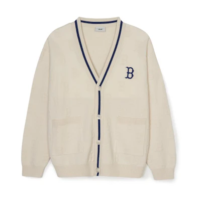 MLB Boston Red Sox V-Neck Knit Sweater Cream Unisex Jacquard Design. 3AKCM0344-43CRD