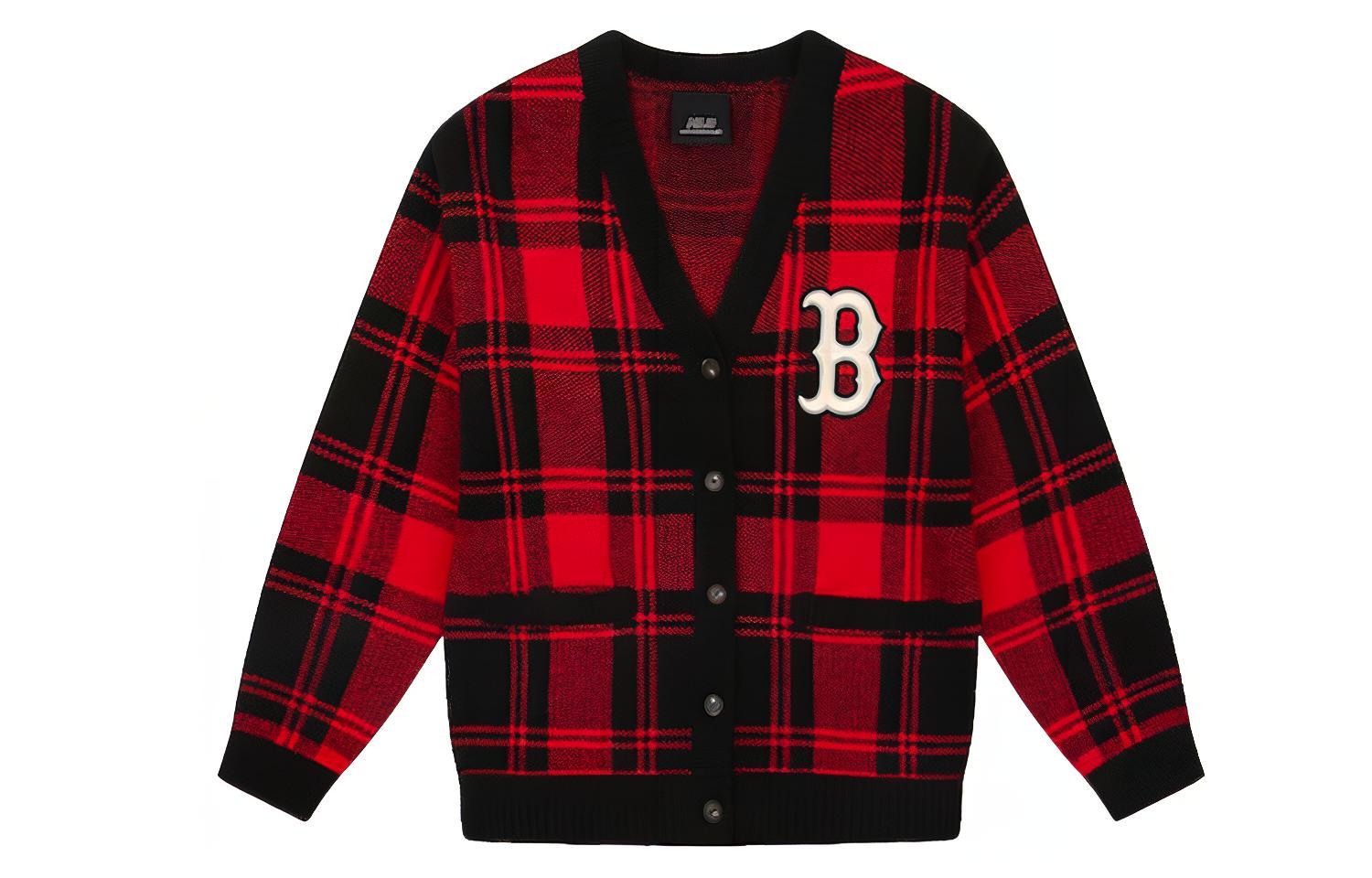 MLB Boston Red Sox V-Neck Loose Plaid Knit Sweater Unisex Red 31KTE1041-43R