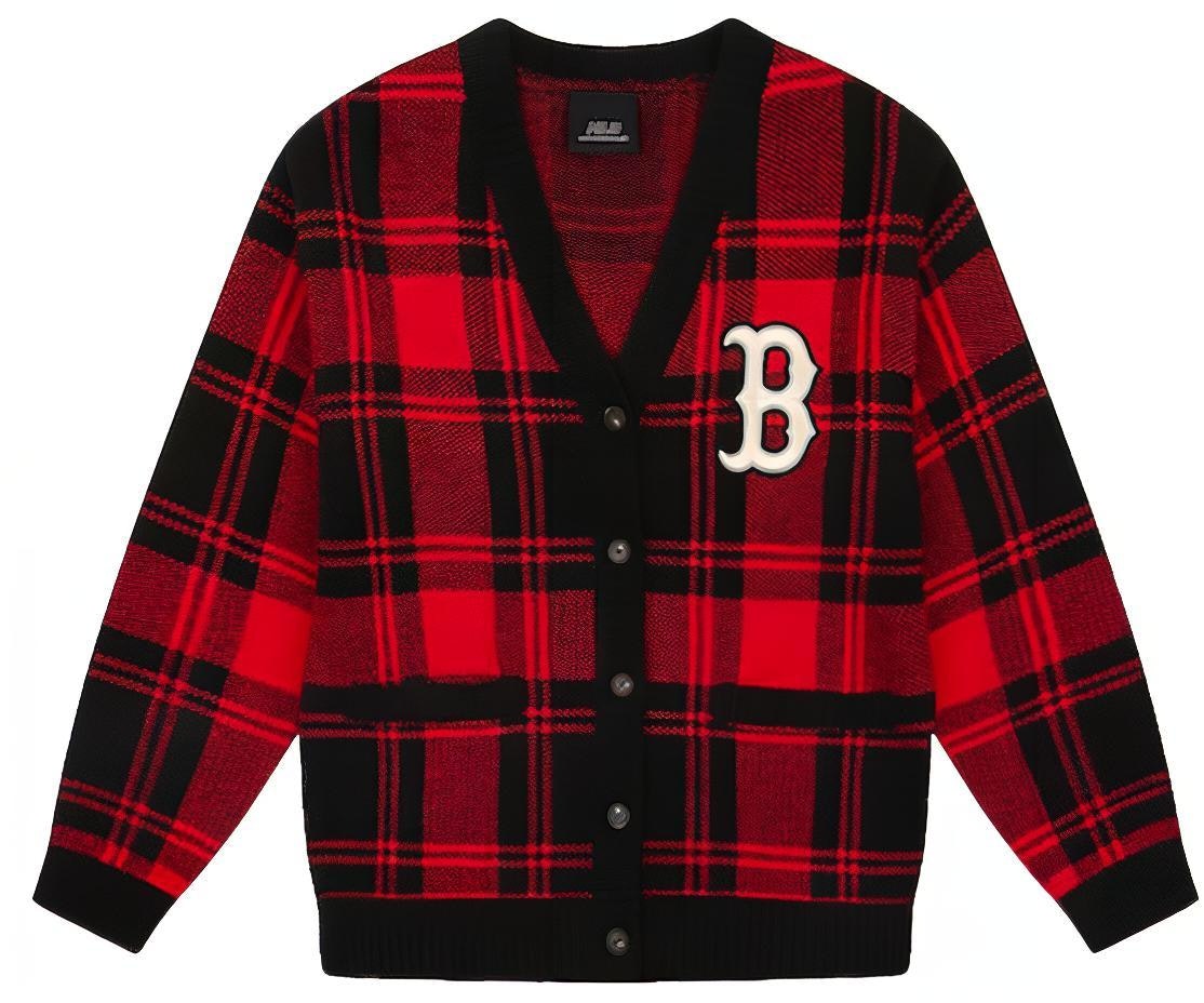 mlb-boston-red-sox-v-neck-loose-plaid-knit-sweater-unisex-red-31-kte-1041-43-r