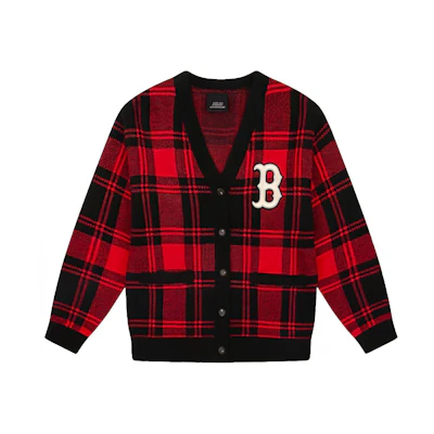 MLB Boston Red Sox V-Neck Loose Plaid Knit Sweater Unisex Red 31KTE1041-43R