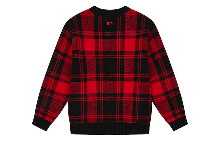 Lookbook MLB波士顿红袜V领宽松格纹针织毛衣男女款红色 31KTE1041-43R