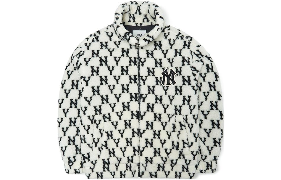 MLB Check Letter Print Zip-Up Fleece Jacket Unisex Cream White. 3AFDM0126-50CRS