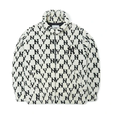 MLB Check Letter Print Zip-Up Fleece Jacket Unisex Cream White. 3AFDM0126-50CRS