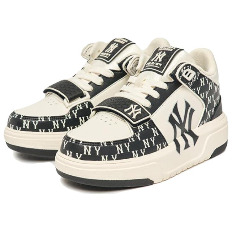 Lookbook MLB 厚底鞋基础款 纽约洋基队 防滑耐磨 中筒 板鞋 男女同款 米黑