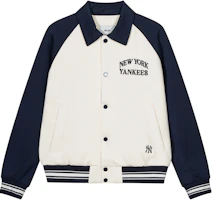 Order MLB Embroidered Letter Button-Up Long-Sleeve Baseball Jacket Navy Unisex 3AJPV1641-50NYD