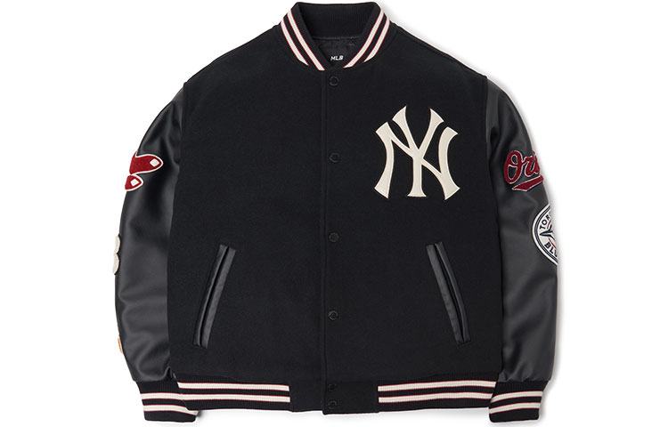 MLB Embroidered Logo Baseball Jacket Unisex Couple Style - Black. 3AJP38016-00BKS
