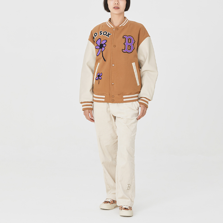 Shop MLB FW22 Embroidered Button-Up Baseball Jacket Khaki Unisex Couple Style 3AJPF0124-43BGD