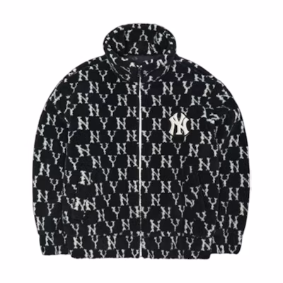 MLB FW22 Monogram Sherpa Zip-Up Fleece Jacket Black Unisex. 3AFDM0126-50BKS