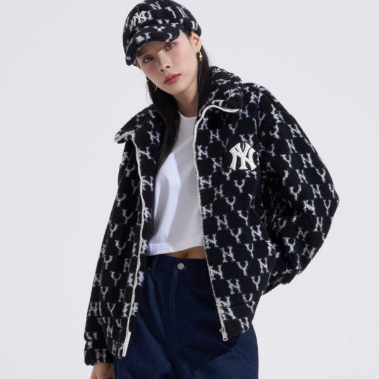 Shop MLB FW22 經典字母羊羔絨拉鍊外套 黑色 男女適用。 3AFDM0126-50BKS