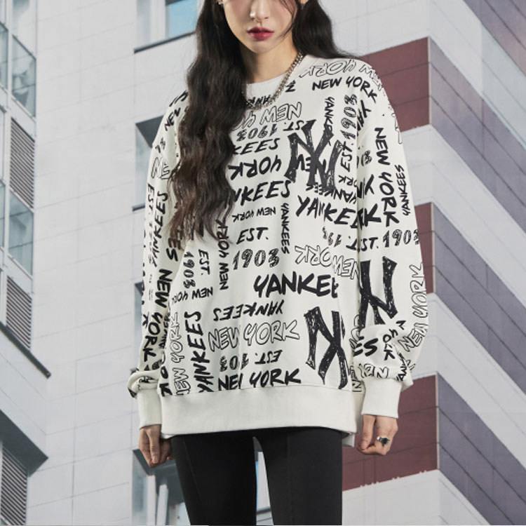 MLB FW22 New York Yankees Retro Graffiti Print Pullover Sweatshirt White Unisex 3AMTZ0124-50IVS 圖 4