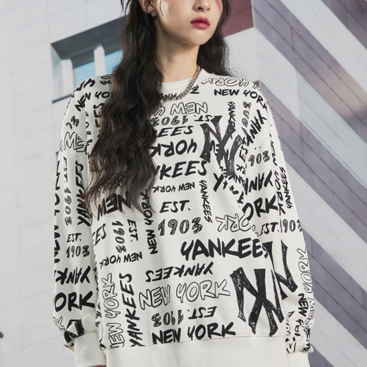 MLB FW22 New York Yankees Retro Graffiti Print Pullover Sweatshirt White Unisex 3AMTZ0124-50IVS 圖 5