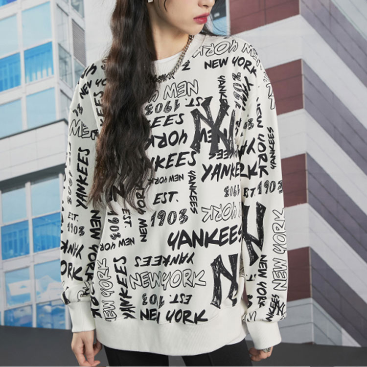 MLB FW22 New York Yankees Retro Graffiti Print Pullover Sweatshirt White Unisex 3AMTZ0124-50IVS 圖 6