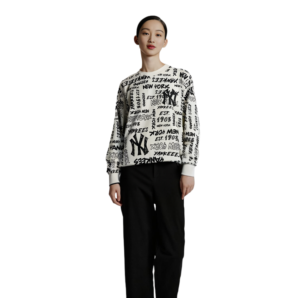 MLB FW22 New York Yankees Retro Graffiti Print Pullover Sweatshirt White Unisex 3AMTZ0124-50IVS 圖 7