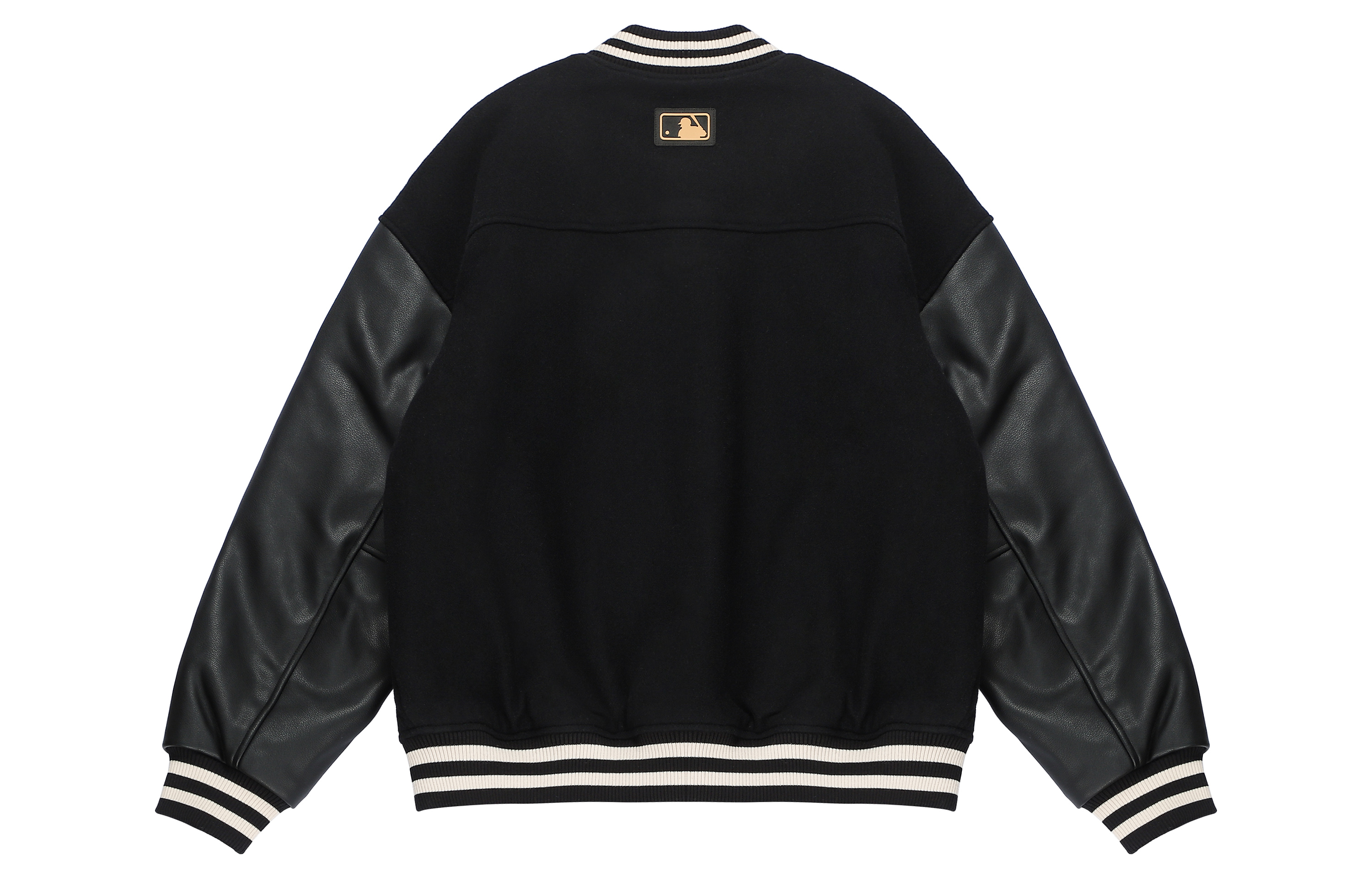 Lookbook MLB FW22 拼布刺繡黑色棒球夾克 情侶款休閒外套. 3AJPF0124-50BKS