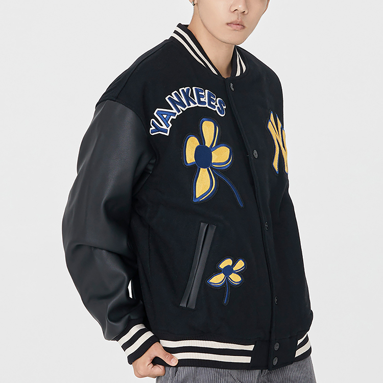 Sizing MLB FW22 拼布刺繡黑色棒球夾克 情侶款休閒外套. 3AJPF0124-50BKS