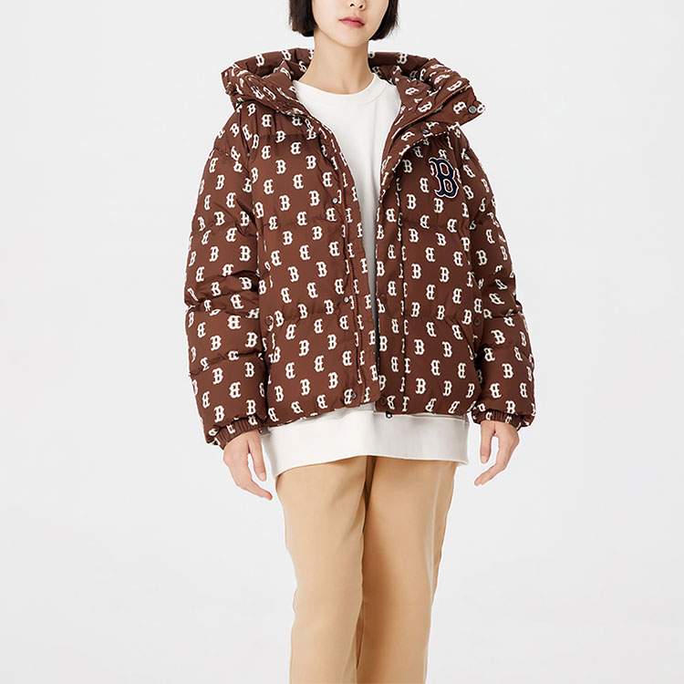 Cheap MLB FW22 Jaket Pendek Down Corak Monogram Bertudung Unisex Coklat Gelap 3ADJM0326-43BRD
