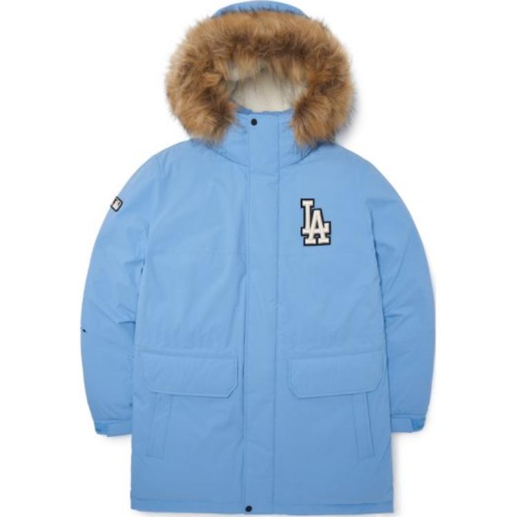 MLB FW22 Solid Logo Embroidered Hooded Puffer Jacket Unisex Blue Short款 3ADJB1926-07BLL