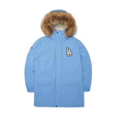 MLB FW22 Solid Logo Embroidered Hooded Puffer Jacket Unisex Blue Short款 3ADJB1926-07BLL