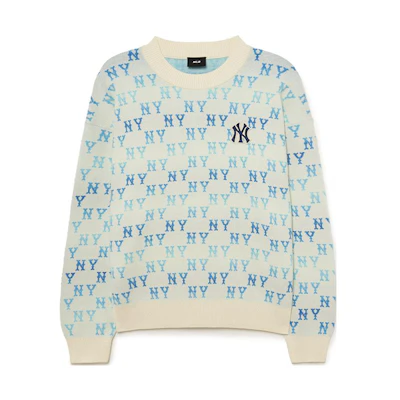 MLB FW23 All-Over Letter Print Knit Sweater Unisex - Cream Beige. 3AKPM0434-50CRD