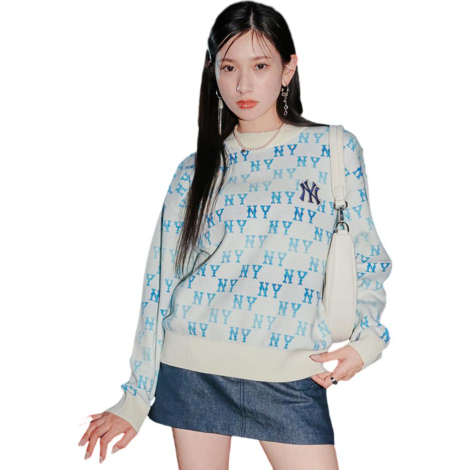Lookbook MLB FW23 All-Over Letter Print Knit Sweater Unisex - Cream Beige. 3AKPM0434-50CRD