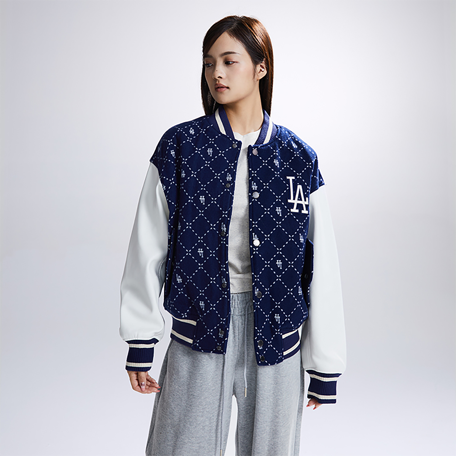 Sizing MLB FW23 洛杉磯道奇格紋字母復古棒球外套 海軍藍 男女款 3AJPM0634-07NYS
