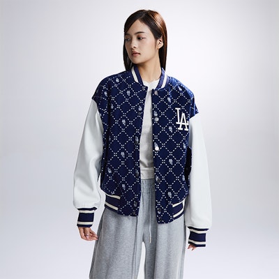 MLB FW23 洛杉磯道奇格紋字母復古棒球外套 海軍藍 男女款 3AJPM0634-07NYS Sizing MLB FW23 洛杉磯道奇格紋字母復古棒球外套 海軍藍 男女款 3AJPM0634-07NYS