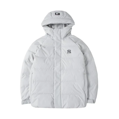 MLB FW23 New York Yankees Letter Print Hooded Down Jacket Short Grey Mens. 3ADJB2036-50GRL