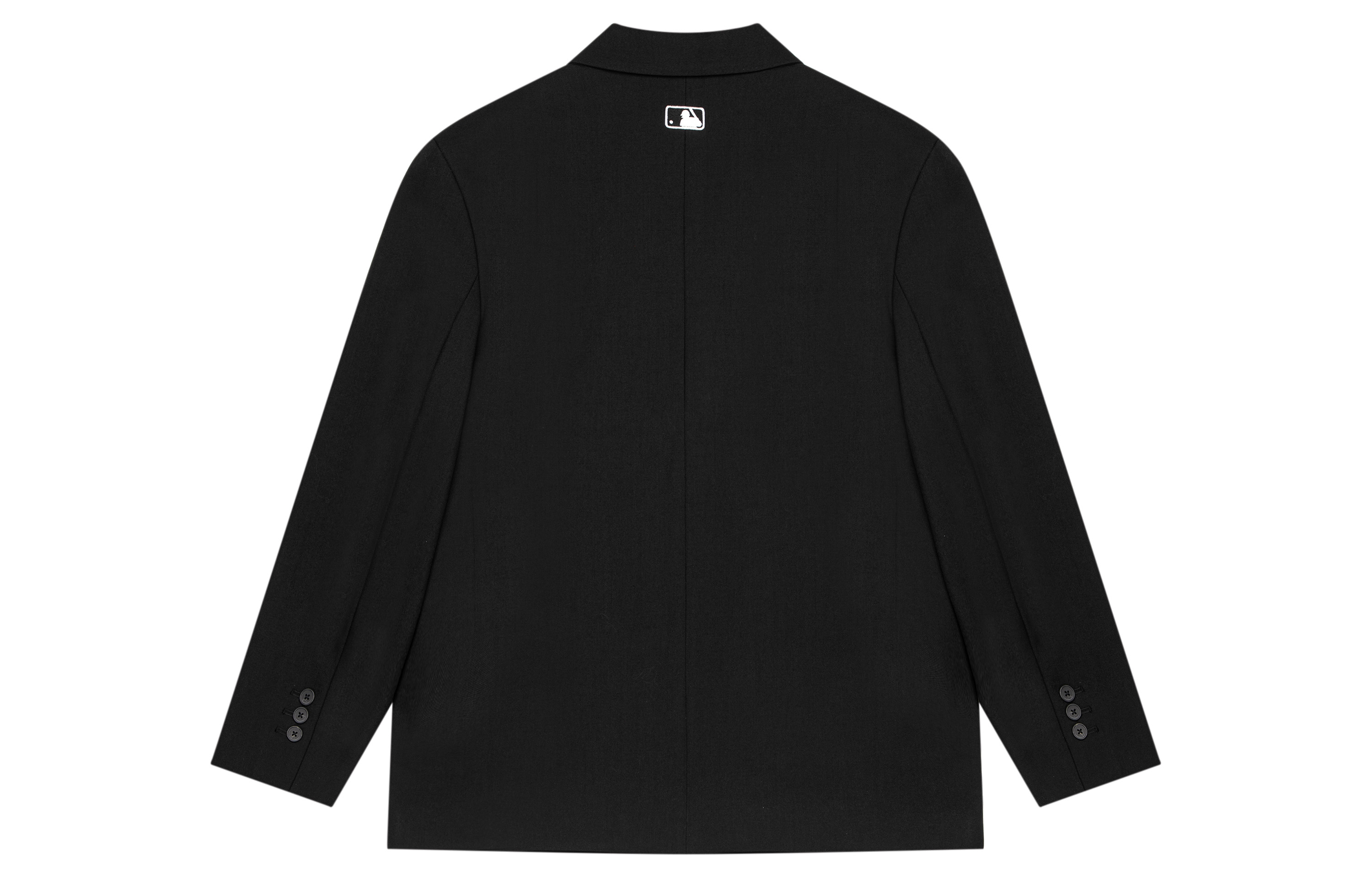 Lookbook MLB FW23 紐約洋基隊標誌印花單扣西裝外套 男女同款 黑色。 3AJKM0134-50BKS