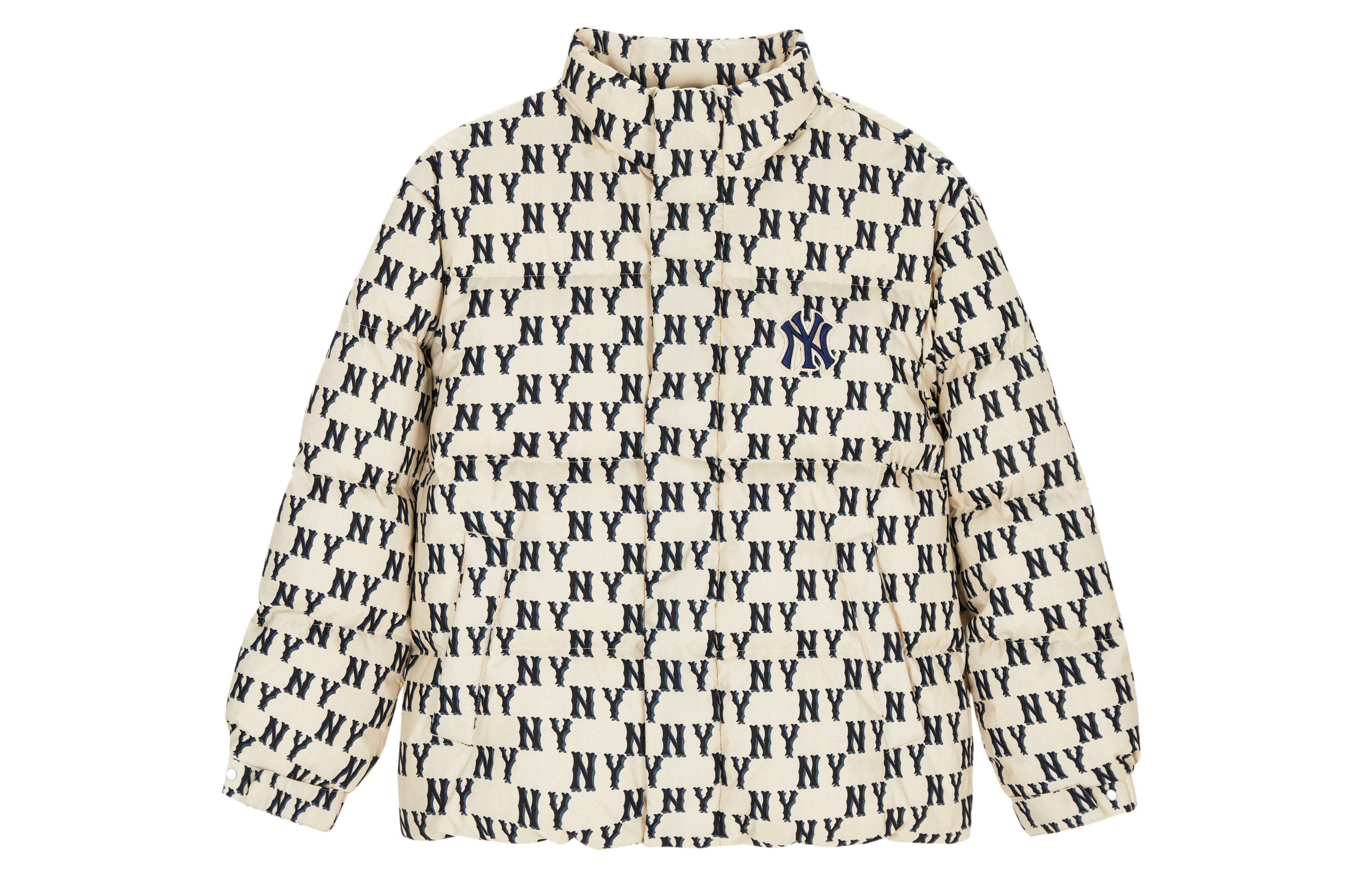 MLB FW23 NY Yankees Plaid Logo Print Short Puffer Jacket Unisex Cream. 3ADJM0736-50CRD