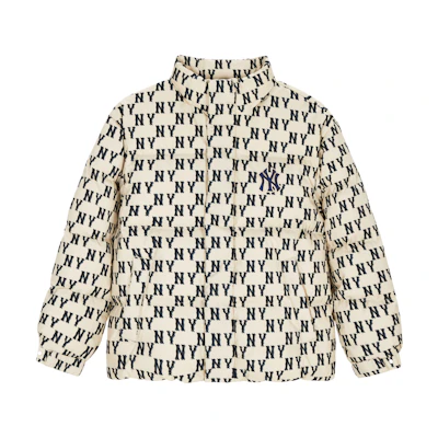 MLB FW23 NY Yankees Plaid Logo Print Short Puffer Jacket Unisex Cream. 3ADJM0736-50CRD