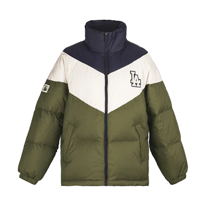 MLB LA Dodgers Patchwork Puffer Jacket Unisex Winter Army Green 31DJN3061-07K
