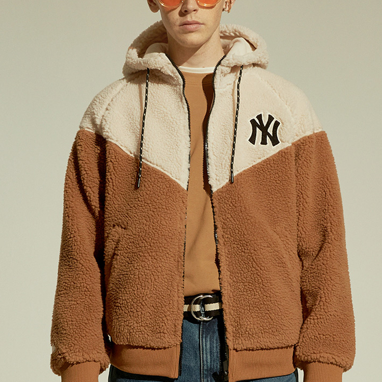 MLB Lamb Wool Hooded Jacket Unisex Beige Khaki拼接 31JPF5061-50B 圖 4